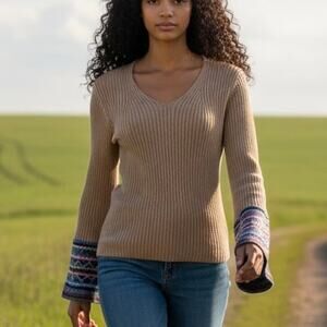 Mercer & Madison Sweater Tan Bohemian Design Sleeves Size XL